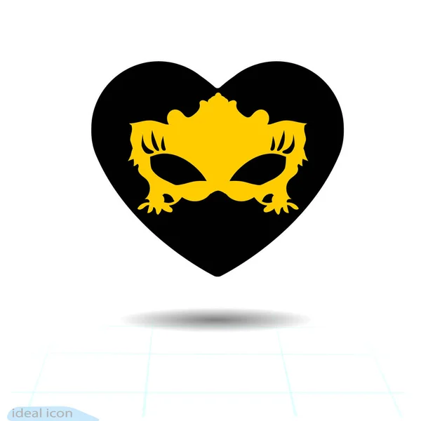 心矢量黑色图标 爱的象征 橙色狂欢节面具在心脏 情人节标志 平面风格和网页设计 矢量图标 — 图库矢量图片