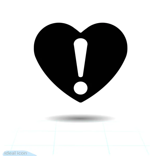 Icono del vector negro corazón, símbolo de amor. signo de exclamación en el corazón. Signo del día de San Valentín, emblema, estilo plano para diseño web, logotipo. Señal de peligro lindo. — Archivo Imágenes Vectoriales