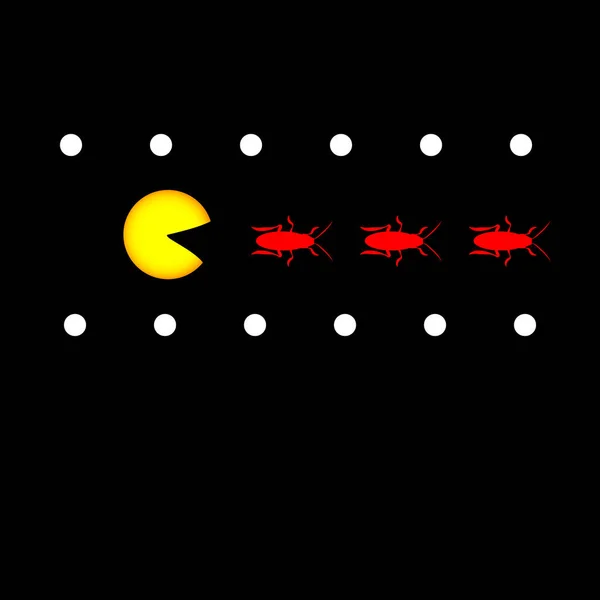 Pacman affamé et cafards. Illustration vectorielle pour les services de lutte contre les insectes. — Image vectorielle