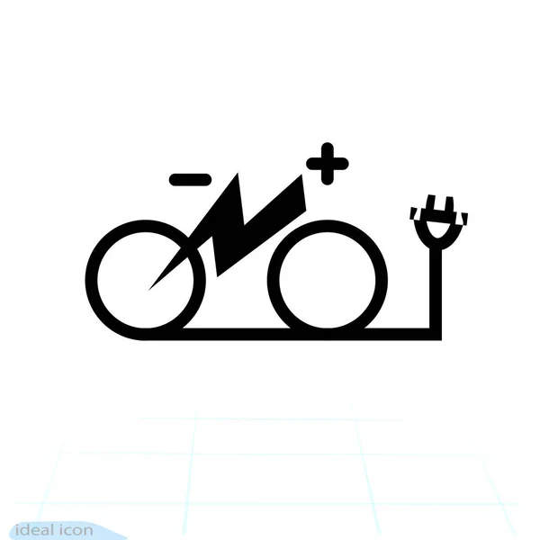 Isolé icône de symbole de vélo de ville électrique. Silhouette de ligne e-bike de trekking avec signe de foudre d'éclairage électrique flash. Désignation du stationnement Charger la batterie — Image vectorielle