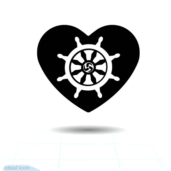 Heart vector black icon. Silhouette Dharmachakra in heart. Valentines day sign, emblem, Flat style for graphic web design, logo. Dharma wheel. Buddhism vector symbol.