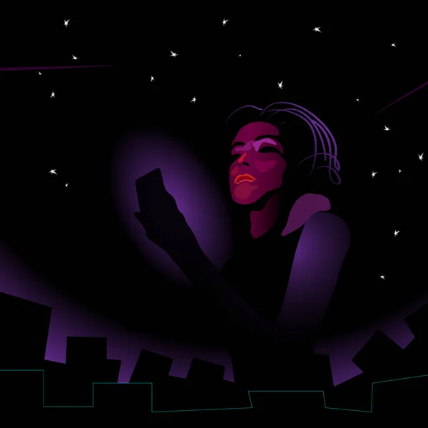 Ilustración de Vector de chica, mujer con smartphone en la oscuridad, luz del teléfono móvil, adicción al móvil concepto y noche vida, soledad, — Vector de stock
