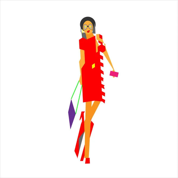 Young fashionable girl, woman abstraction I love shopping. Vector illustration. Fashionista with handbag geometric style — Stock Vector