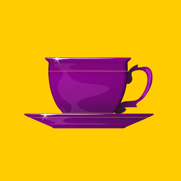 Violet koffie of thee in de paarse cup en geur op een oranje achtergrond. Porselein op schotel. — Stockvector