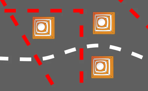 Orange vit säkerhet vägen kottar eller trafik koner på en väg för omdirigering av trafik eller varnar för faror eller risker. — Stock vektor