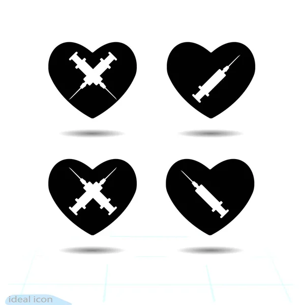 Herzvektor schwarzes Symbol, Liebessymbol. die Silhouette Spritzen im Herzen. Valentinstag-Schild, Emblem, flacher Stil für Grafik- und Webdesign, Logo. — Stockvektor