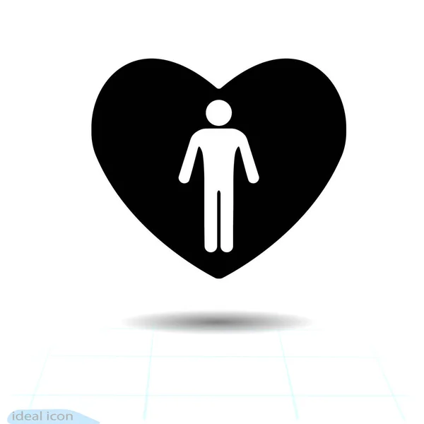 Черный вектор сердца, символ любви. Силуэт красивого белого человека, мужская икона в сердце. День святого Валентина знак, эмблема, плоский стиль для графического и веб-дизайна, логотип — стоковый вектор