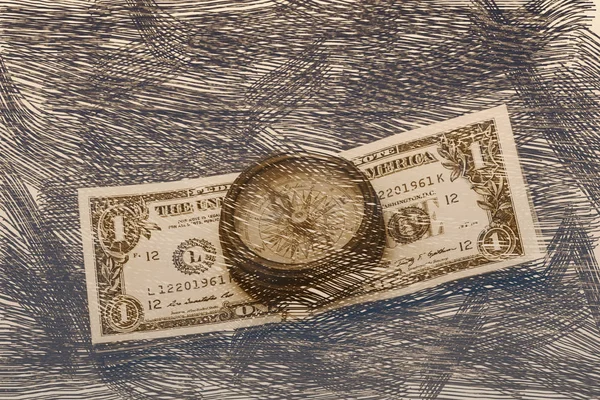 Ancient compass on the background of banknotes tapered. — Stock Photo, Image