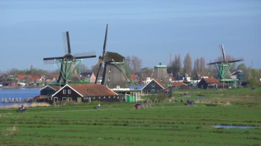 Zaandam yakınındaki Zaanse Schans'a, yel değirmenleri