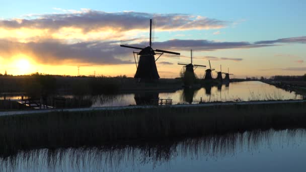 Moinhos de vento, Património Mundial da UNESCO em Kinderdijk ao pôr do sol — Vídeo de Stock