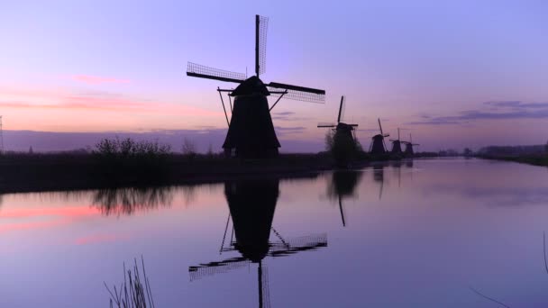 Moinhos de vento, Património Mundial da UNESCO em Kinderdijk ao pôr do sol — Vídeo de Stock
