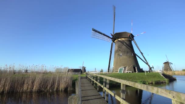 Wiatraki, wpisanego na listę światowego dziedzictwa UNESCO w Kinderdijk — Wideo stockowe