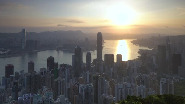 Sunrise over the city skyline and Victoria Harbour viewed from Victoria Peak — Stock Video