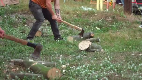 Hacha de madera cortador de madera después de los polvos 4k — Vídeo de stock