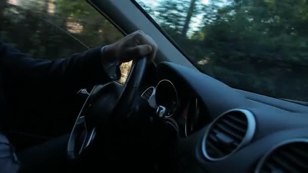Samochód z napędem człowiek wewnątrz widok panelu sterowania, koła, z bliska — Wideo stockowe