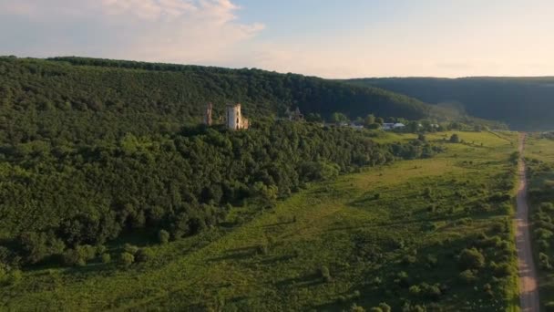 Vue aérienne du vieux château, deux tours et la forêt autour — Video