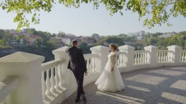 Просто супружеская пара, прогуливающаяся по городу, мост — стоковое видео