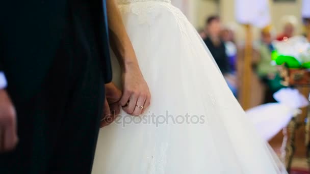 Bräutigam im schwarzen Anzug hält Bräute an der Hand und sagt Versprechen — Stockvideo