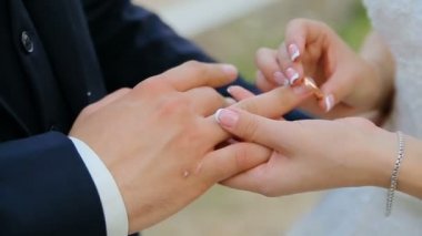 Gelin ve damat nikah yüzükleri yeşil doğa arka plan üzerinde alışverişi closeup