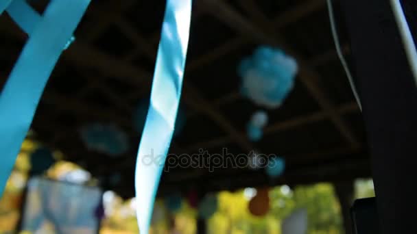 Casamento decoração diferente, palha. Cerimônia de casamento ao ar livre, foco, close-up . — Vídeo de Stock