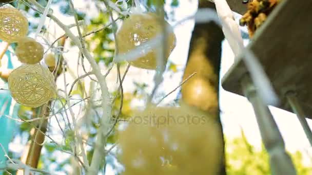 Different Beautiful decor for a party of yellow paper Chinese lanterns — Stock Video