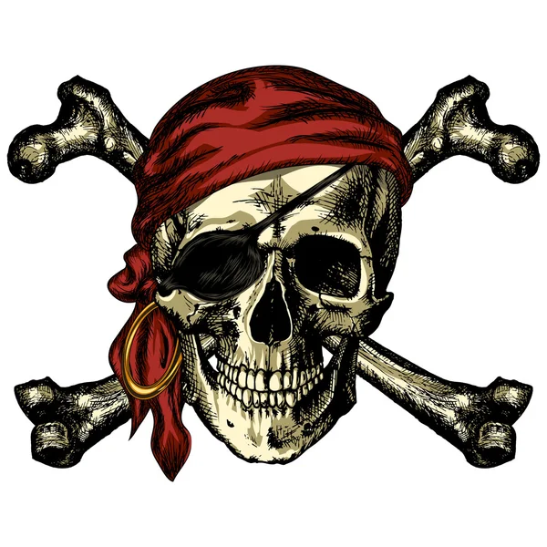 Teschio di pirata e bandana di ossa crociate e un orecchino — Vettoriale Stock
