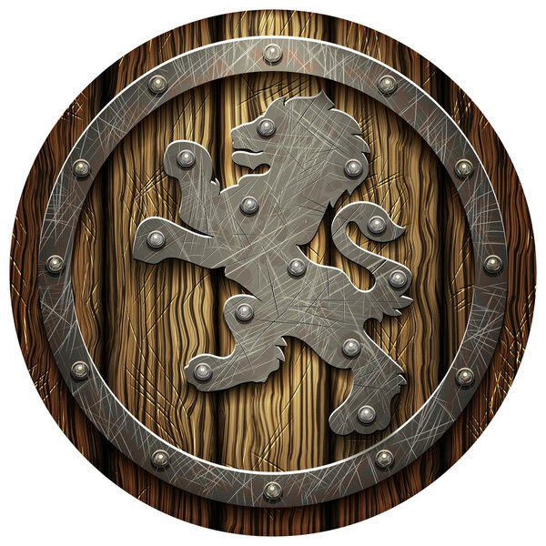 Круглый дубовый щит с заклепками и металлическим Львом
