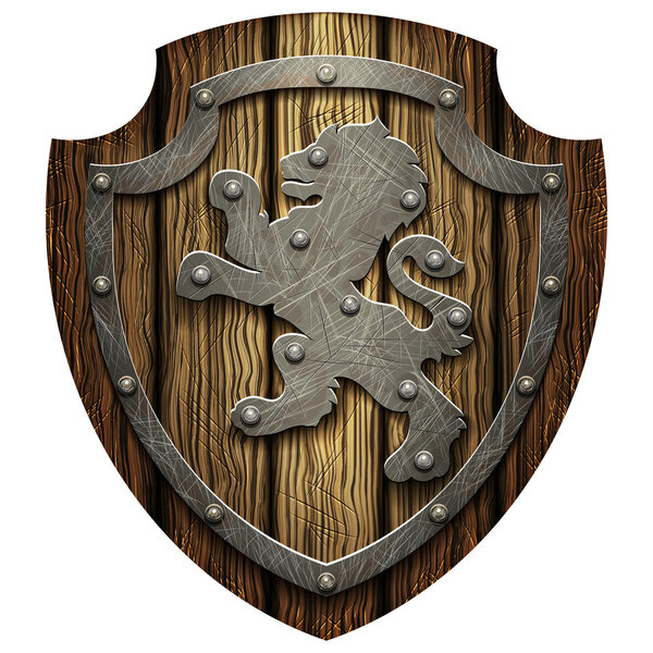 Дубовый рыцарский щит с заклепками и металлическим Львом
