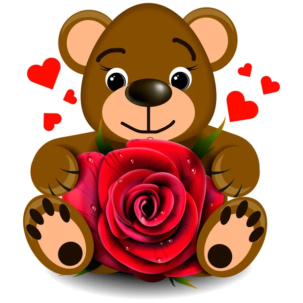 Amor oso juguete con realista rojo rosa — Vector de stock