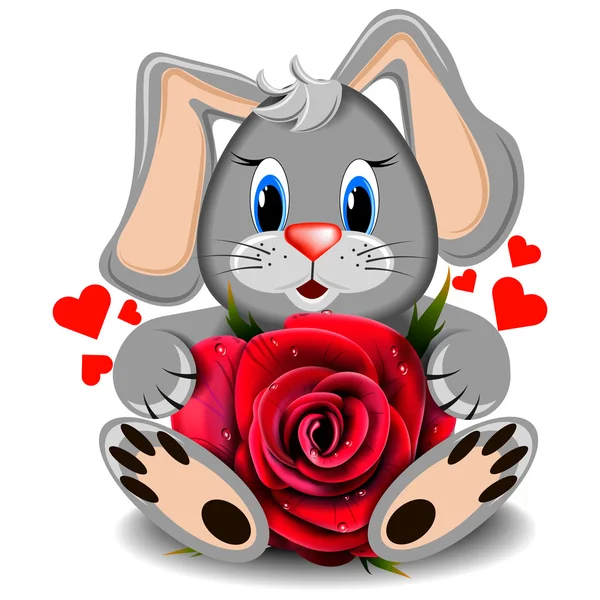 Toy love rabbit with realistic red rose — Stock Vector