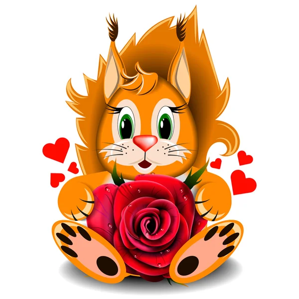 Toy loving squirrel realistic red rose — Stock Vector