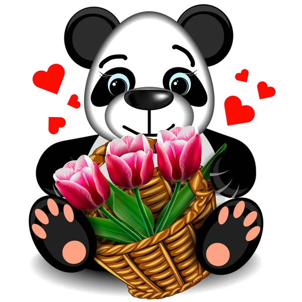 Knuffel Panda met een mandje met tulpen — Stockvector