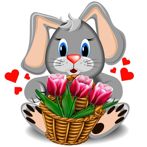 Knuffel konijn met mandje met tulpen — Stockvector