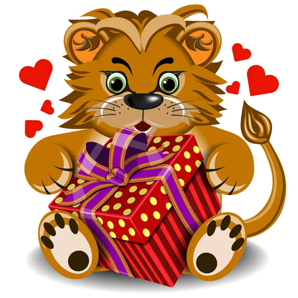 Plüschtier Löwe mit Schachtel Geschenk — Stockvektor