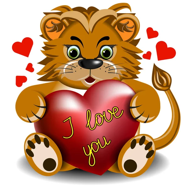 Plush toy lion with a scarlet heart — Stock Vector