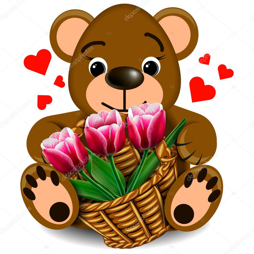 Plush Teddy bear with basket of tulips
