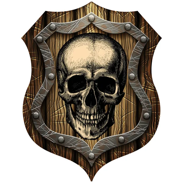Escudo de roble con cráneo y clavos de metal — Archivo Imágenes Vectoriales