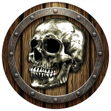 Kafatası ve metal çiviler ile meşe kalkan