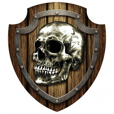 Kafatası ve metal çiviler ile meşe kalkan