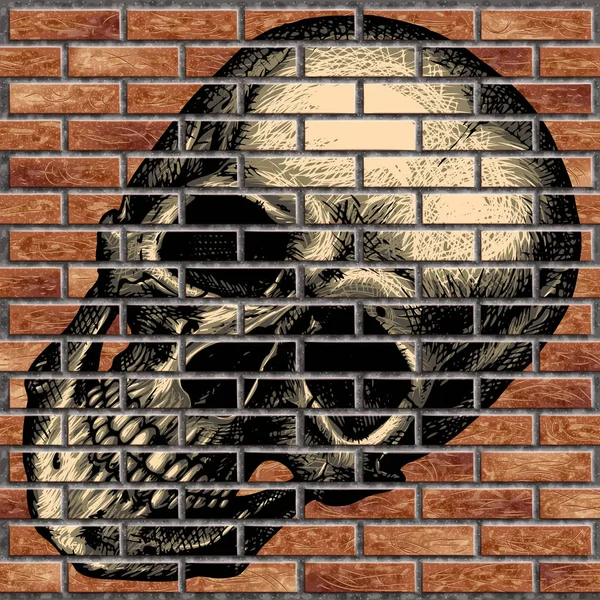 レンガの壁に人間の頭蓋骨 — ストックベクタ