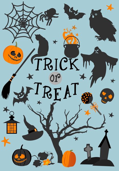 Halloween trick or treat card design. Scary holiday poster. Vector illustration.
