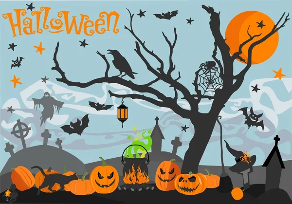 Feliz tarjeta de Halloween. Afiche de vacaciones aterrador. Ilustración vectorial . — Vector de stock