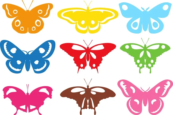 Conjunto de diferentes siluetas de colores de mariposas aisladas sobre fondo blanco. Ilustración vectorial . — Archivo Imágenes Vectoriales