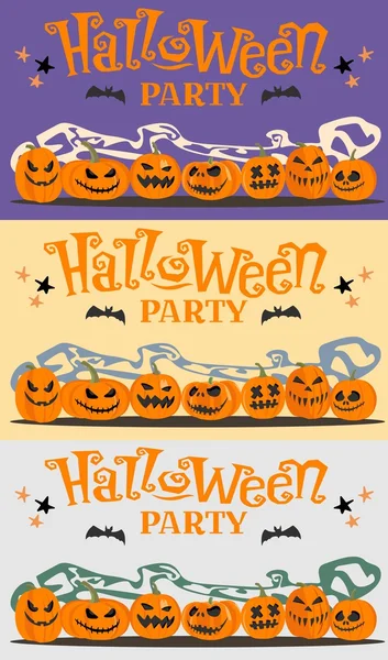 Conjunto de imágenes, postales fiesta de Halloween con calabazas de dibujos animados, murciélagos, estrellas. Ilustración vectorial . — Vector de stock