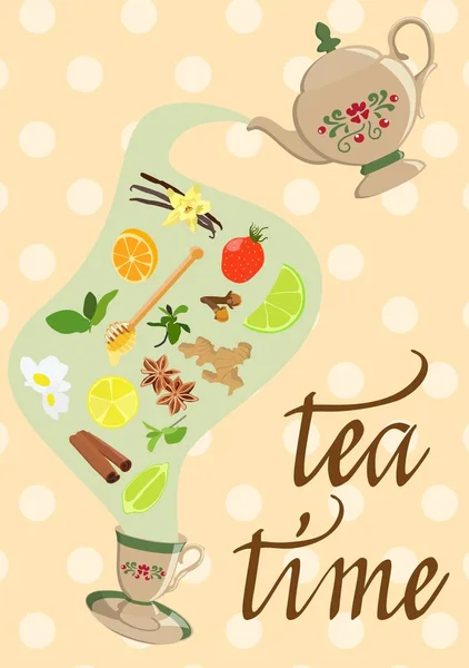 Fundo decorativo com chaleira, xícara de chá e frutas, especiarias e hortelã. Ilustração vetorial — Vetor de Stock