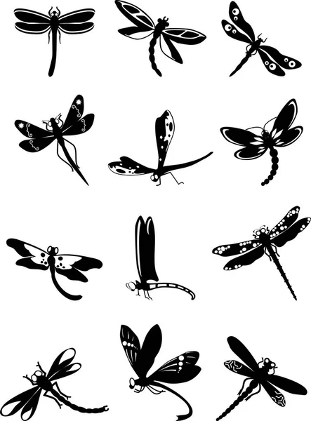 Ensemble de silhouettes noires libellules sur fond blanc. Illustration vectorielle — Image vectorielle