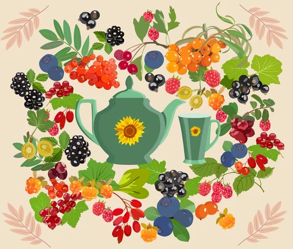 Fondo colorido decorativo con bayas para el té. Ilustración vectorial . — Vector de stock