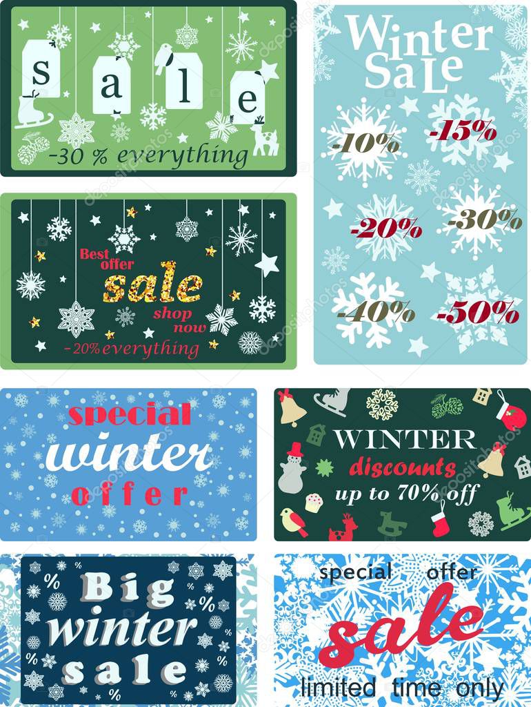 Set of posters seasonal discounts and Christmas sales. Vector illustration.