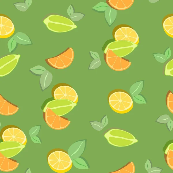 炫彩无缝花纹与柑橘片绿色背景。矢量图. — 图库矢量图片
