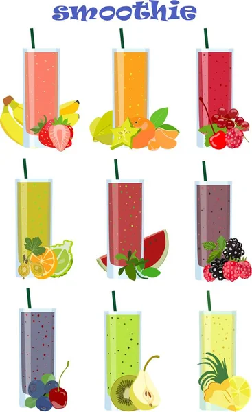 Collection cartoon of fruit smoothies in flat style. Vector illustration. — Stock Vector